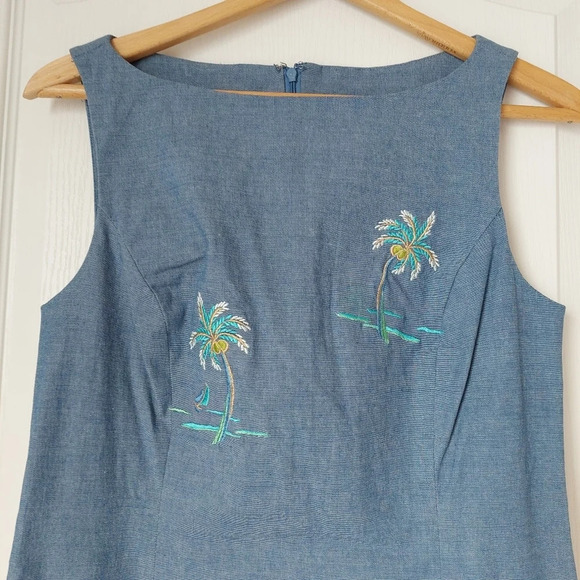 Kenji Coconut Tree Embroidered Dress Size 4 Light Blue - Picture 4 of 10